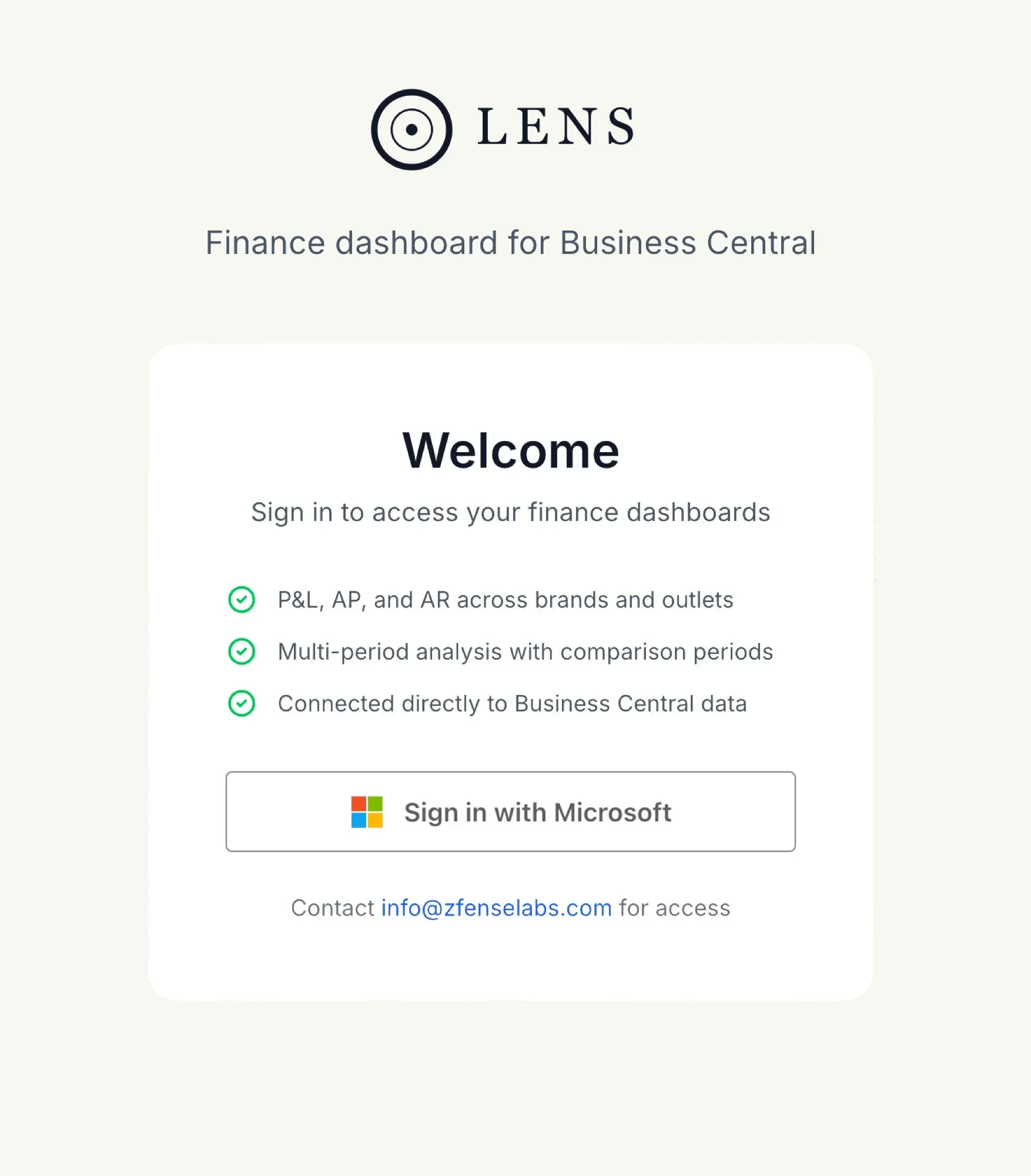 The Lens sign-in screen: a single Sign in with Microsoft button and no password field