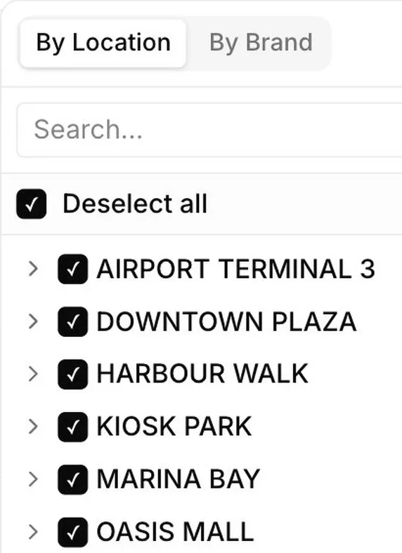 Lens location slicer, with By Location and By Brand tabs